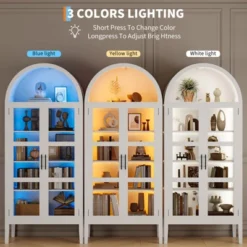 70" Tall Arched Kitchen Pantry Cabinet With Lights, Modern Wood Arched Cabinet With Glass Doors & Adjustable Shelves