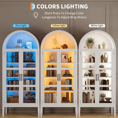 70" Tall Arched Kitchen Pantry Cabinet With Lights, Modern Wood Arched Cabinet With Glass Doors & Adjustable Shelves 3 70" Tall Arched Kitchen Pantry Cabinet With Lights, Modern Wood Arched Cabinet With Glass Doors & Adjustable Shelves