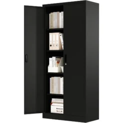 71" Metal Storage Cabinet With Doors, Lock And 4 Adjustable Shelves, Tall Pantry Cabinet For Garage, Office, Bedroom, Shop, Craft Room, Black -House Beautiful GUEST fd7a5f91 f519 4d36 adc7 34d8557211c5