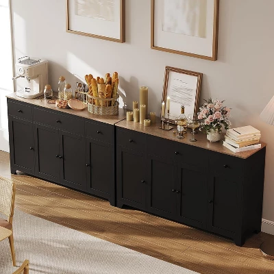 55" Sideboard Buffet Cabinet With Storage, Minimalist Kitchen Storage Cabinet With 3 Drawers & 4 Doors, Farmhouse Buffet Console Table Coffee Bar 8 55" Sideboard Buffet Cabinet With Storage, Minimalist Kitchen Storage Cabinet With 3 Drawers & 4 Doors, Farmhouse Buffet Console Table Coffee Bar - Image 6