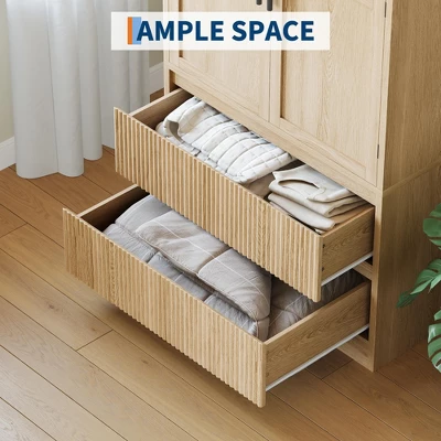 Bedroom Wooden Armoire Wardrobe Closet, Freestanding Large Wardrobe Armoire Cabinet With Glass Doors And 2 Drawers 7 Bedroom Wooden Armoire Wardrobe Closet, Freestanding Large Wardrobe Armoire Cabinet With Glass Doors And 2 Drawers - Image 5