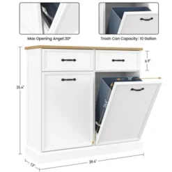 Tilt Out Trash Cabinet, Hidden Trash Storage Cabinet 20 Gallon, Freestanding White Garbage Can Cabinet